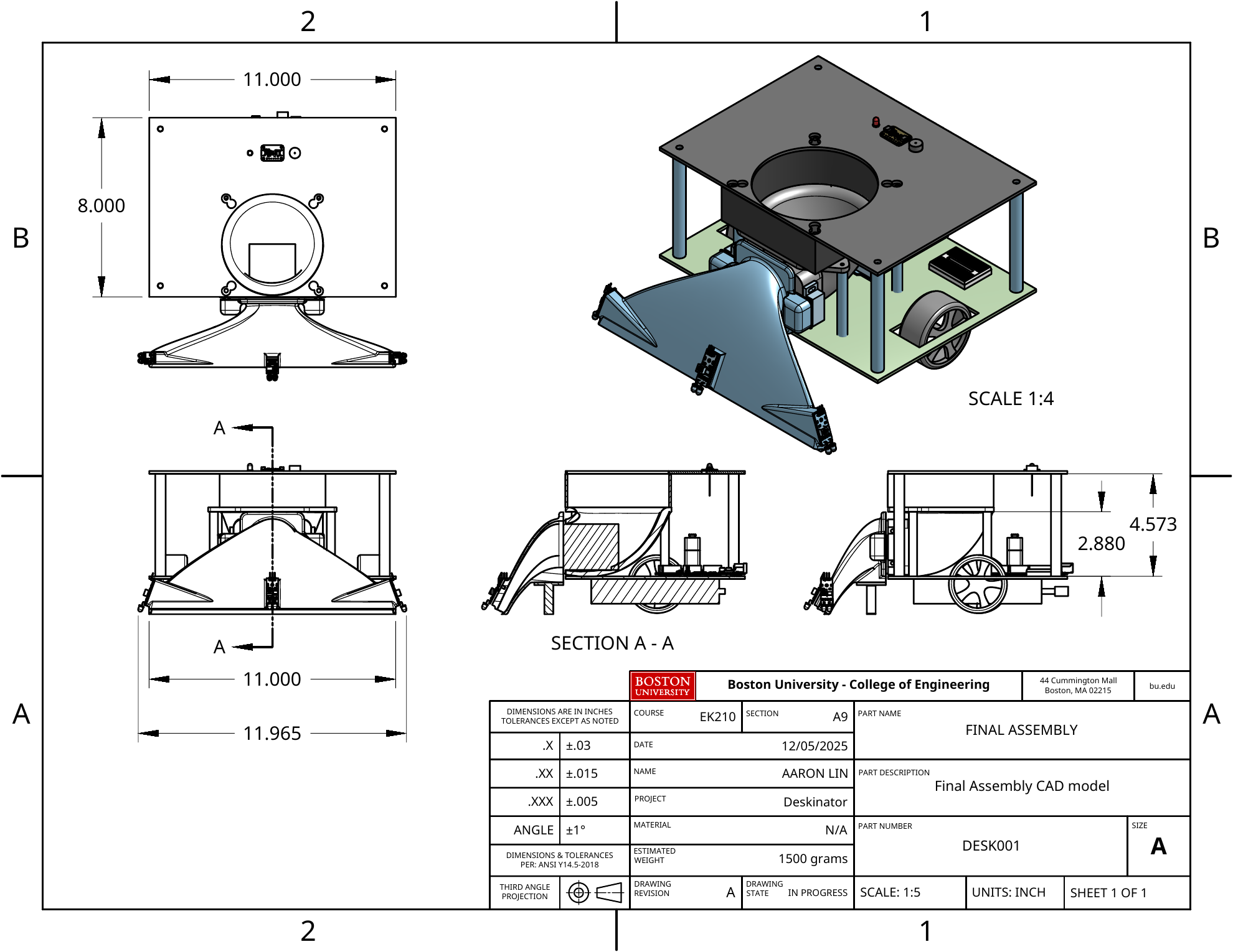 Deskinator final assembly drawing with front, side, section, and isometric views