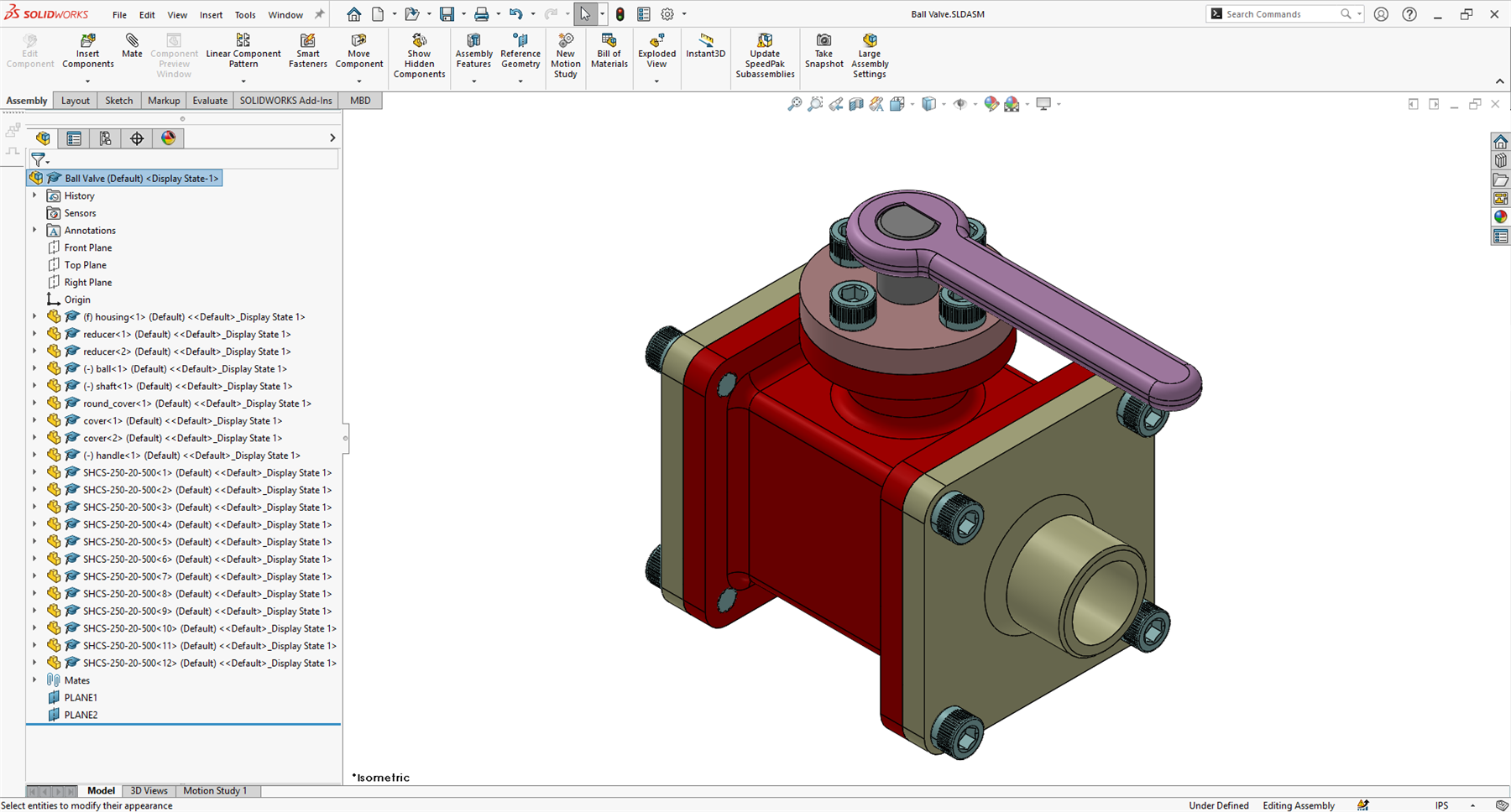 SolidWorks interface showing the assembled ball valve and its feature tree