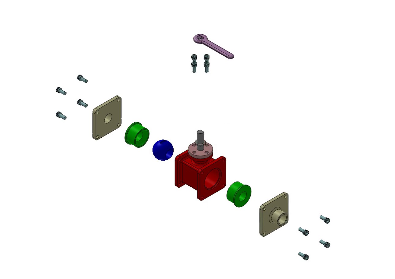 Exploded ball valve model with covers, reducers, ball, shaft, handle, and fasteners separated from the housing