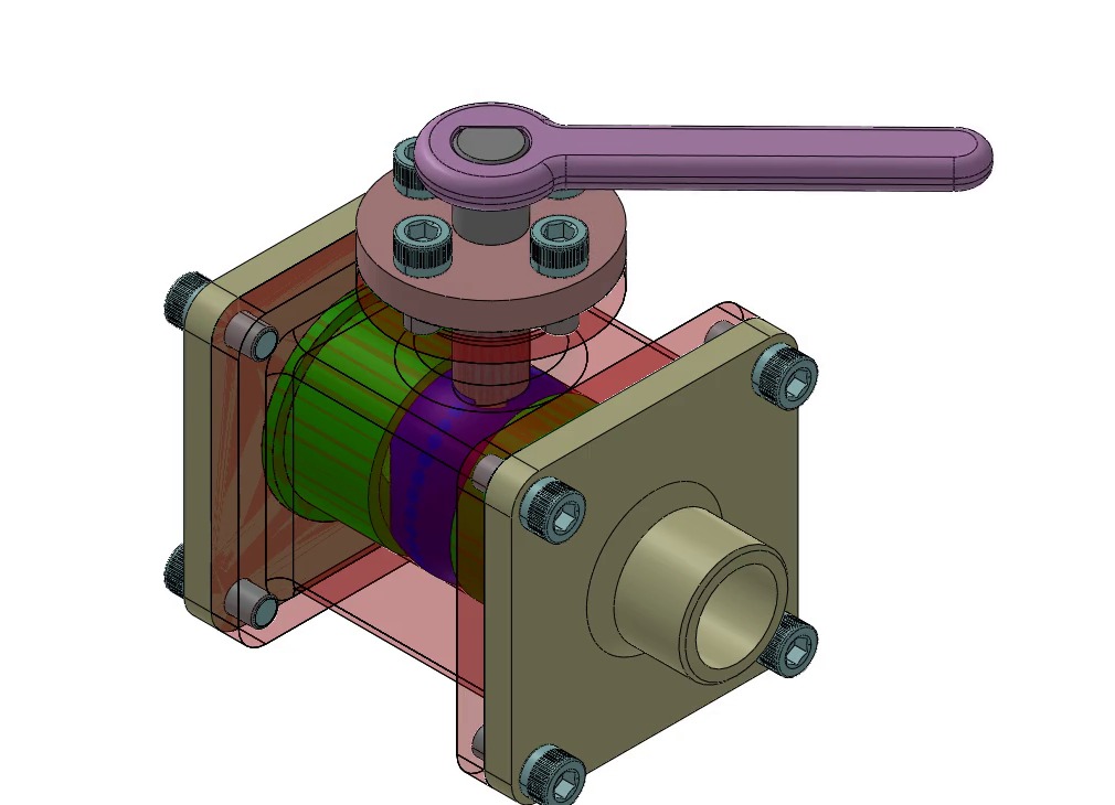 Ball valve model with a transparent housing exposing the ball beneath the handle and shaft