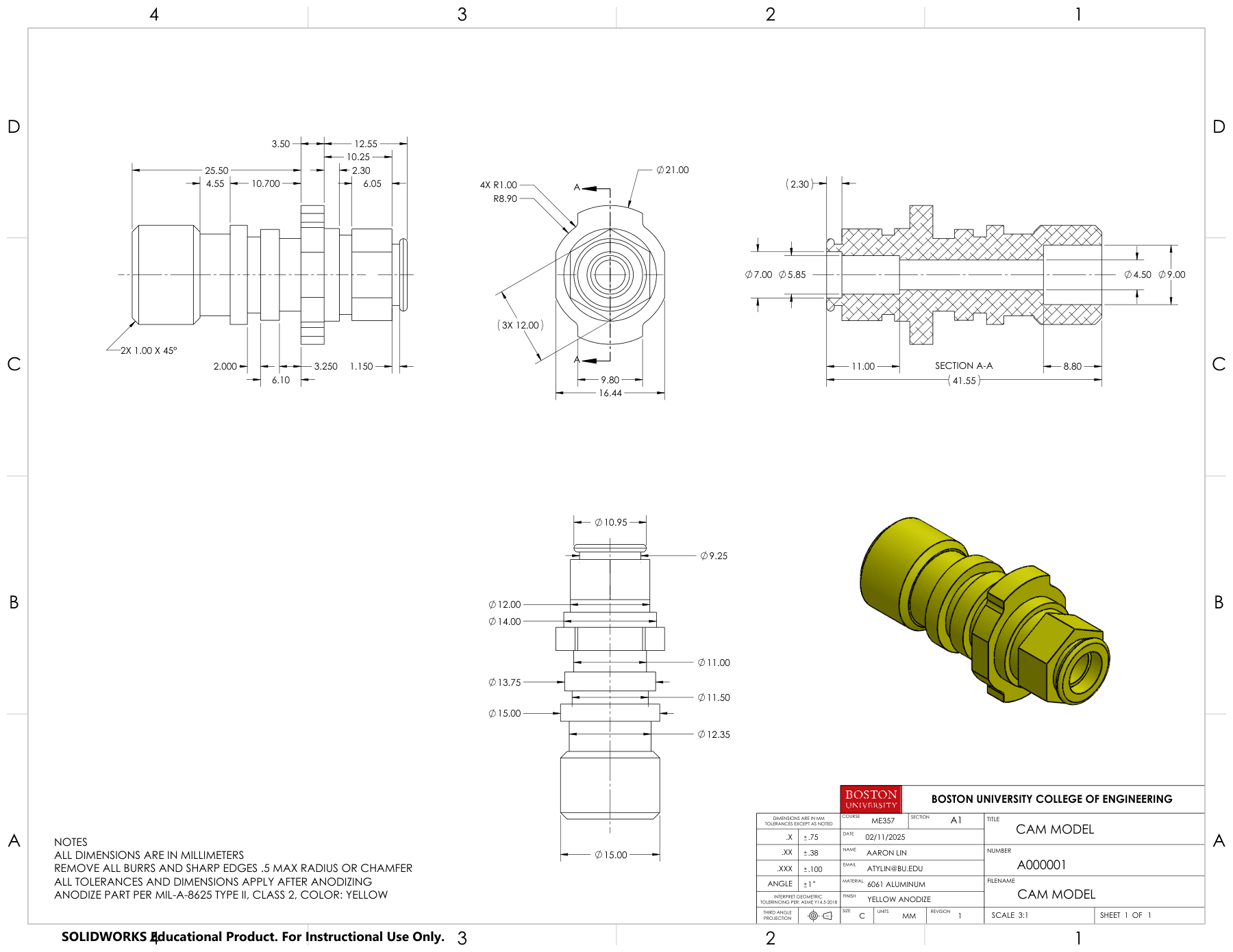 Cam part drawing with a shaded yellow model, dimensioned orthographic views, and a longitudinal section