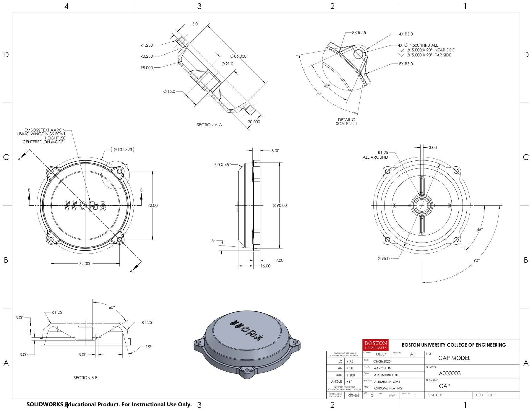 Cap drawing with a shaded model, circular and side views, two sections, and an edge detail