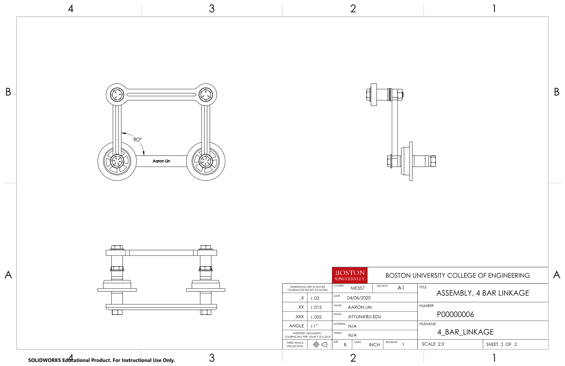 Assembled four-bar linkage in front, side, and top drawing views