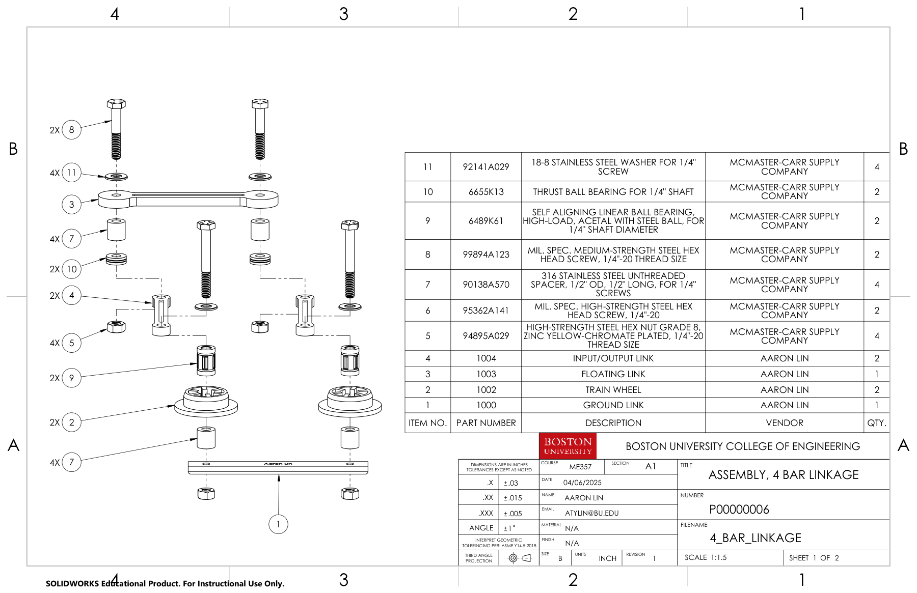 Exploded four-bar linkage drawing with links, bearings, washers, fasteners, and a bill of materials