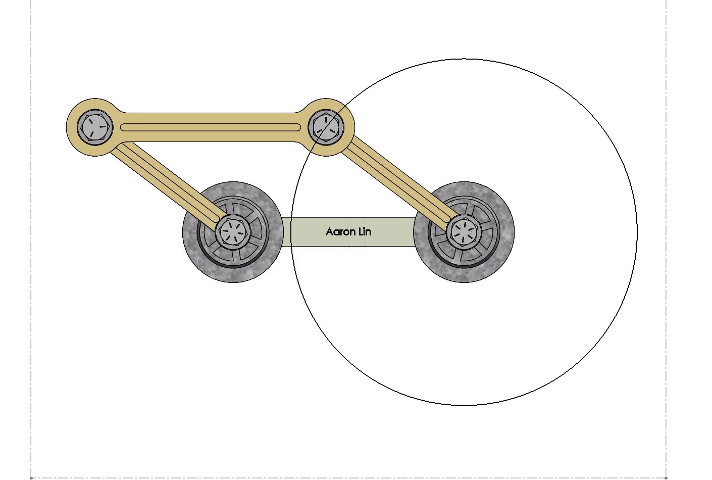 Shaded four-bar linkage model in an angled position with a circular path trace beside the mechanism