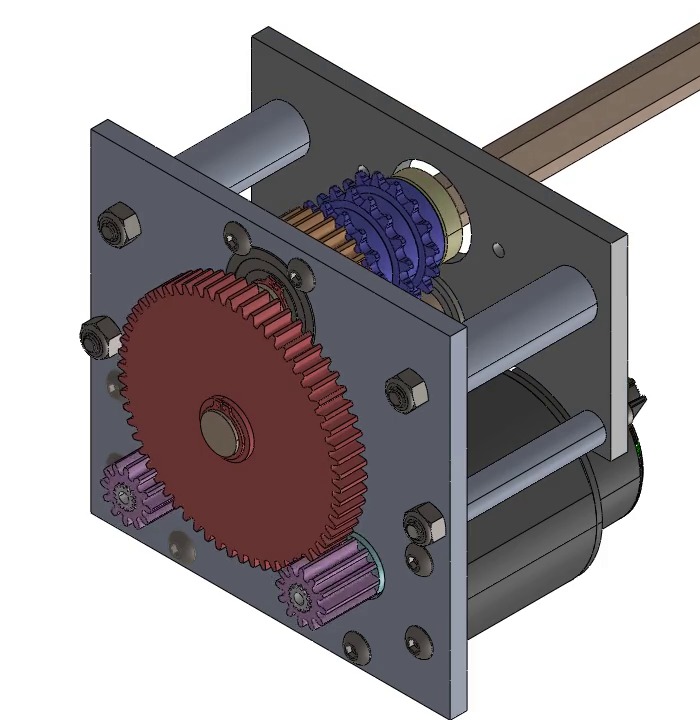 Close-up of the gearbox model with a motor, support plate, bearings, and visible gears