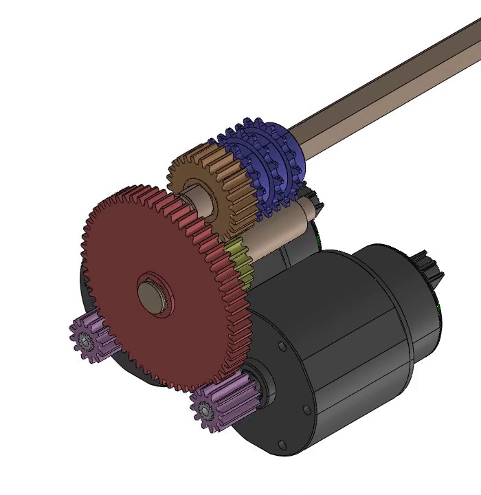 Close-up of the gearbox with its support plates hidden to expose gears, shafts, and motor