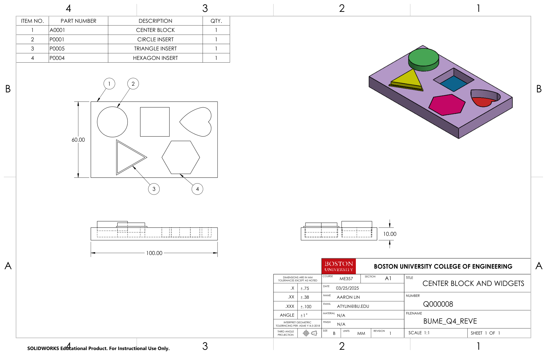Assembly drawing of a rectangular plate with circular, triangular, and hexagonal inserts, dimensioned views, and a bill of materials