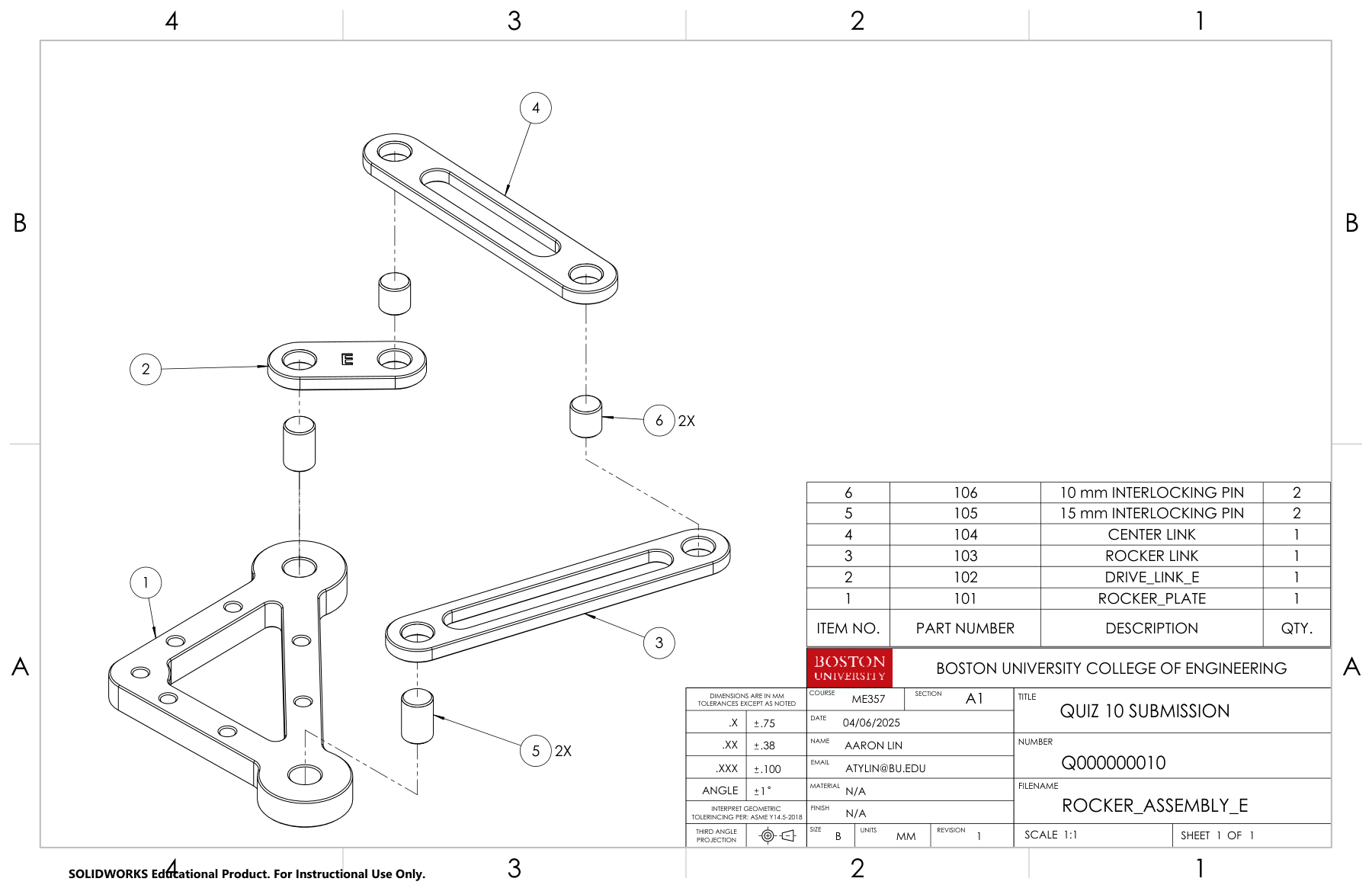 Exploded rocker linkage drawing showing three links, a base plate, interlocking pins, and a bill of materials