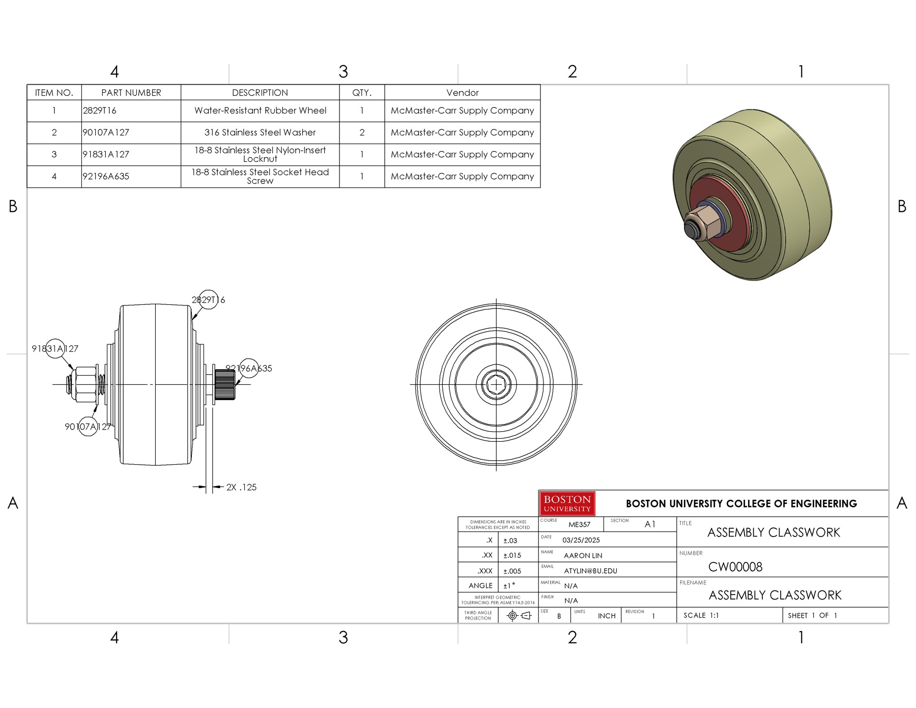 Wheel assembly drawing with shaded isometric view, orthographic views, fastener callouts, and bill of materials