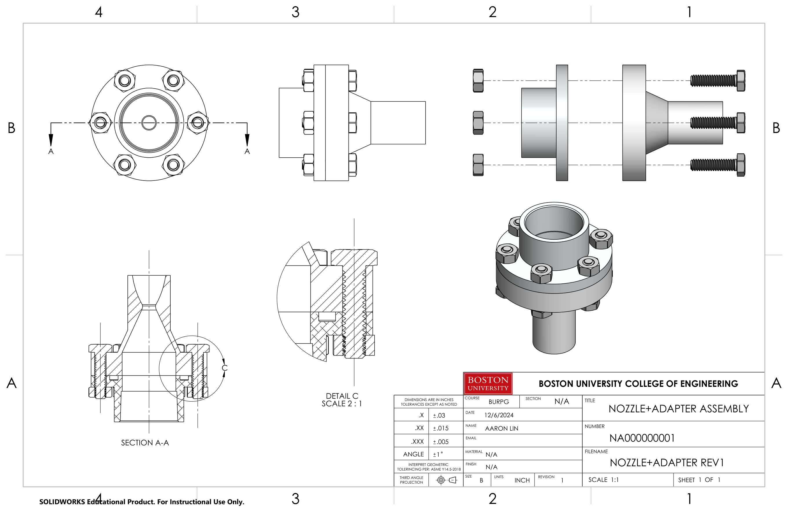 Updated nozzle and adapter engineering drawing with section, detail, assembled, and exploded views
