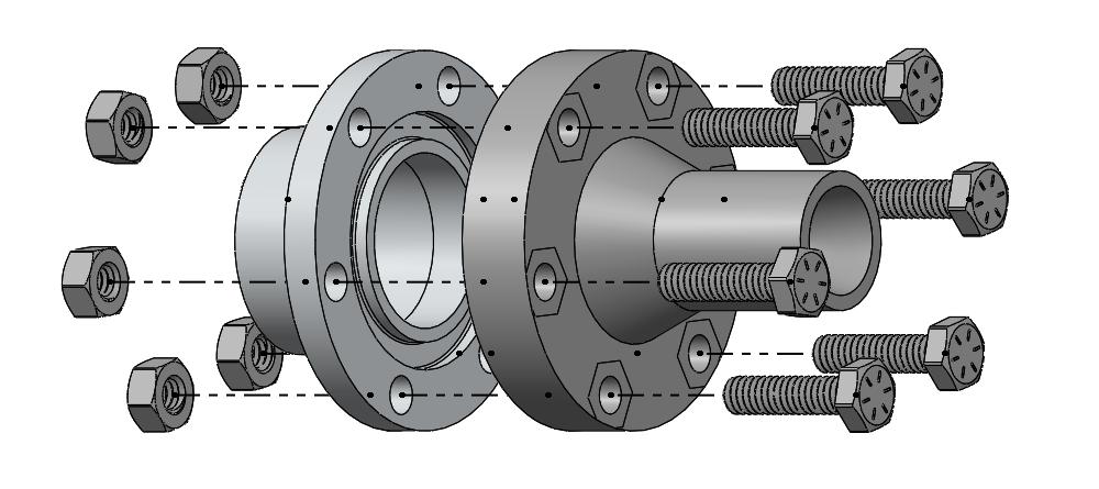 Exploded CAD view of the rocket nozzle, adapter, bolts, and nuts