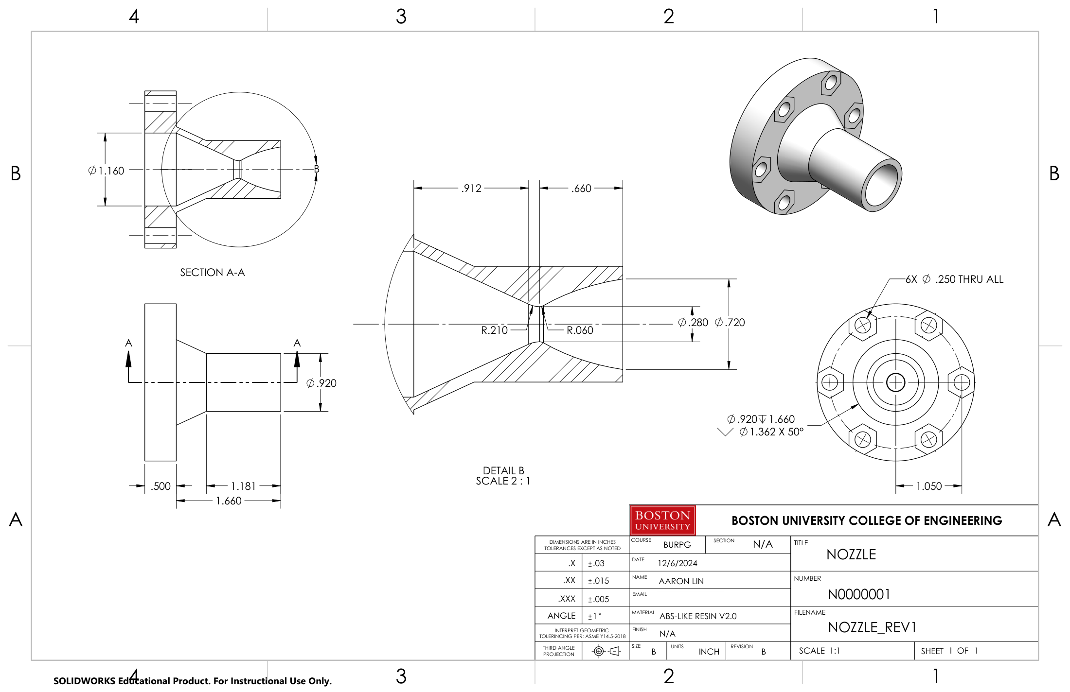 Engineering drawing of the nozzle with section, detail, front, and isometric views